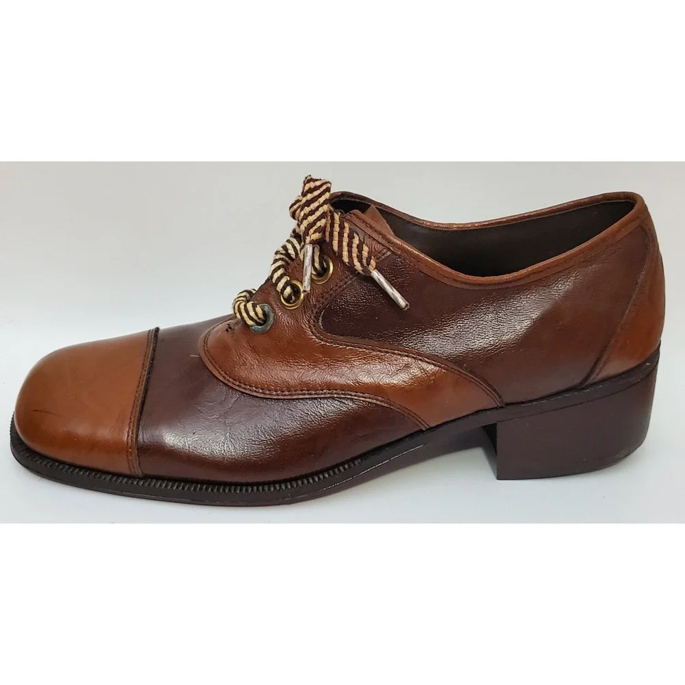 Rare Vintage Jarman Men's Shoes Platform Block Heel Two Tone Brown Oxford Hippie